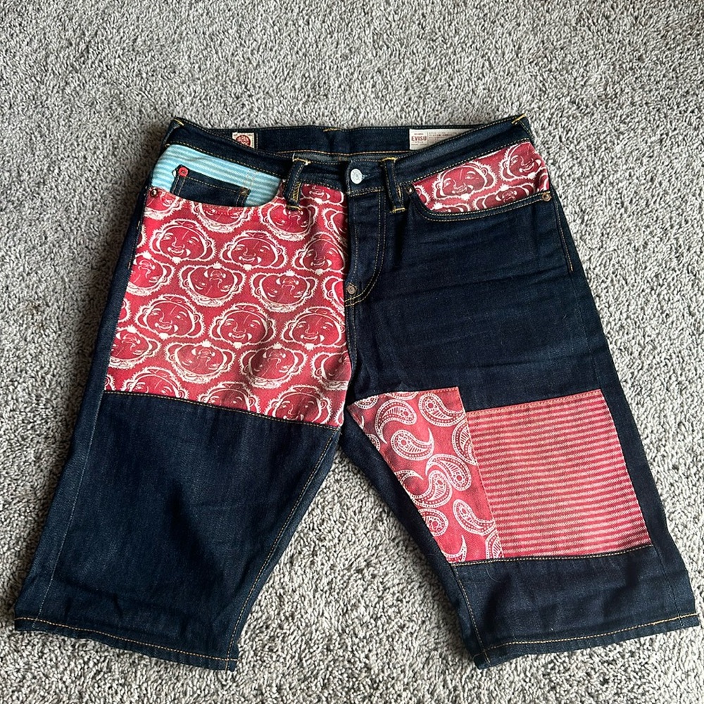 Evisu patchwork Jean shorts